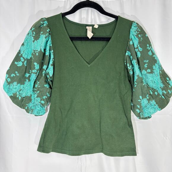 Anthropologie Dolan Lace Puff-Sleeve Top Holly Green Small Romantic Blouse - Picture 2 of 5